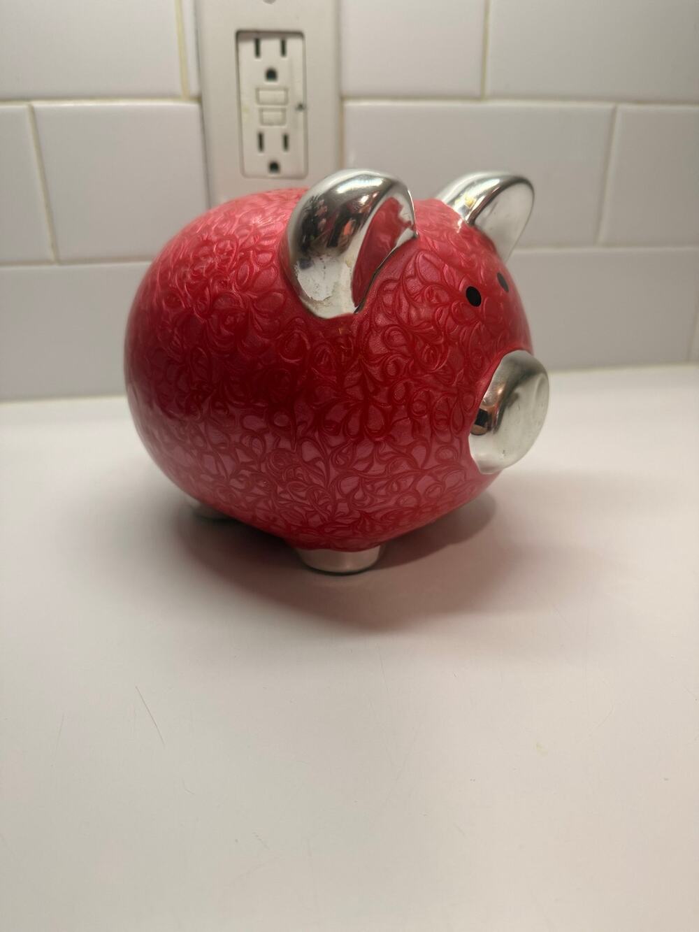 Red Ceramic Piggy Bank with Silver Accents